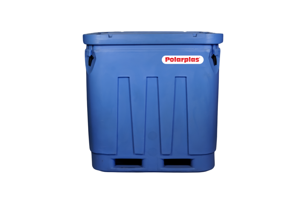 Insulated fish box in USA - front view of Polarplas heavy duty cold storage container