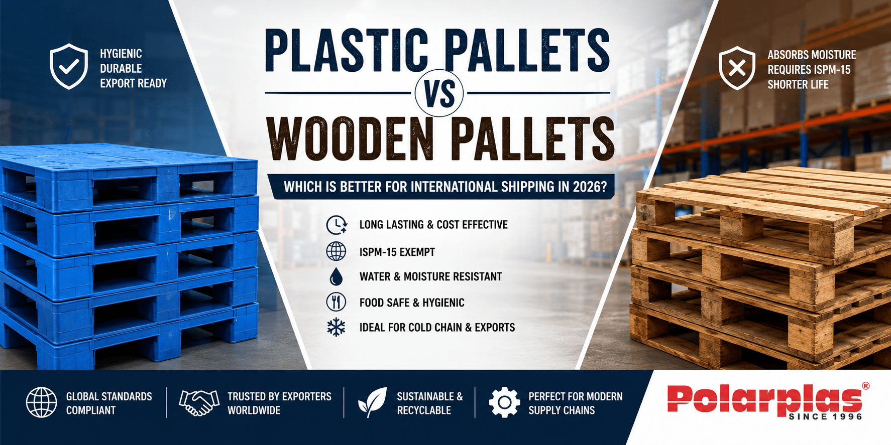 Plastic Pallets vs Wooden Pallets comparison for international shipping showing hygienic plastic pallets and wooden pallets in a warehouse
